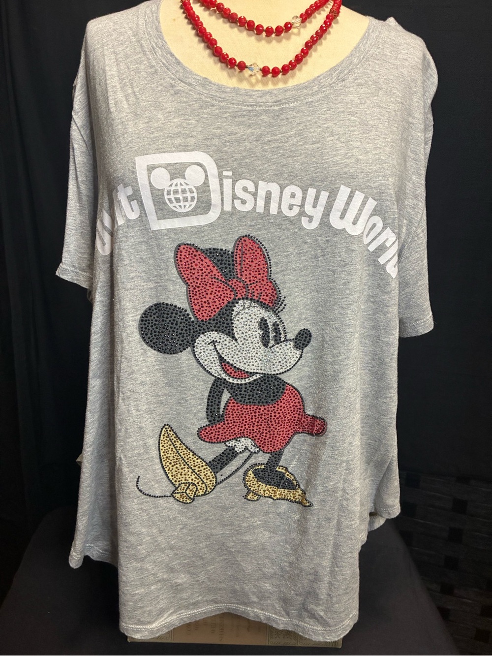 Disney Gray Tee with Minnie Mouse Red Bow and Gold Shoes